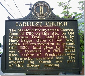 Historic marker for oldest church in Stanford, KY